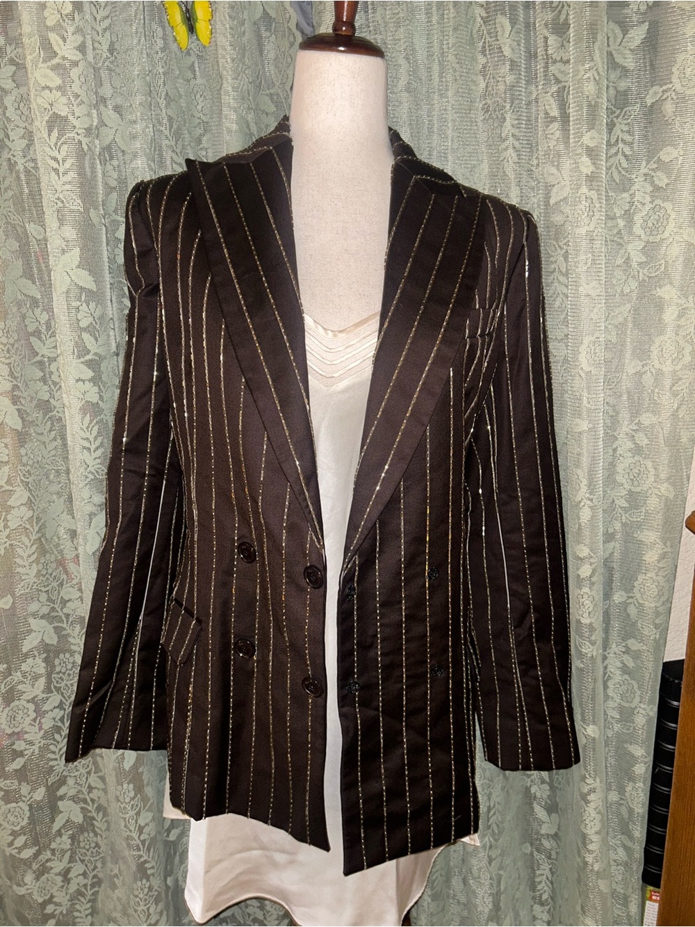 Vintage Dior 90s Runway Brown Beaded Pinstripe Silk and Wool Blazer Jacket